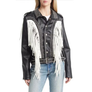 Silver Stud Design Leather Motorcycle Jacket with White Fringe Trim