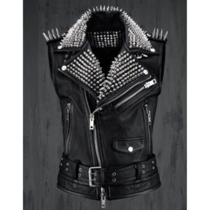 Men?s Silver Studded Leather Vest Party Wear