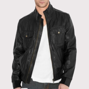 Simple Fitted Black Leather Jacket in Bomber Style for Men