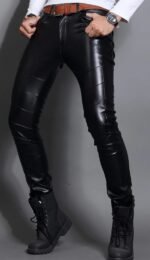 Skin Tight Black Leather Motorcycle Pants for Men - Image 5