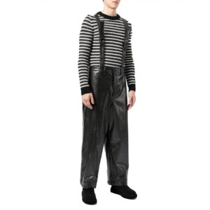 Solid Black Multi-Pockets Men's Leather Dungaree