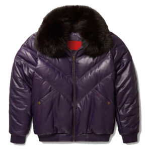 Stylish Purple Leather V-Bomber Jacket