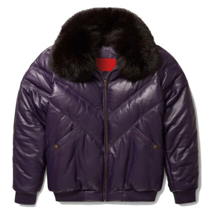 Stylish Purple Leather V-Bomber Jacket
