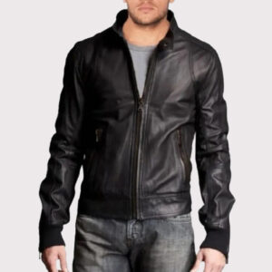 Stylish Men's Leather Bomber Jacket with Stand Collar