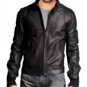 Stylish Men's Leather Bomber Jacket with Stand Collar