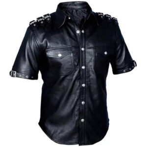 Men's Hot Stylish Short Sleeve BLUF Gay Napa Lamb Leather T-shirt