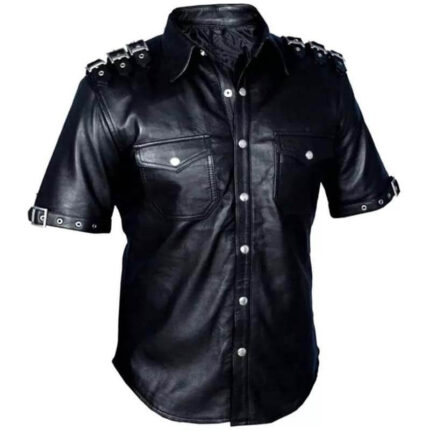 Men's Hot Stylish Short Sleeve BLUF Gay Napa Lamb Leather T-shirt