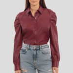Stylish Red Puffed Sleeves Leather Shirt for Women - Image 3