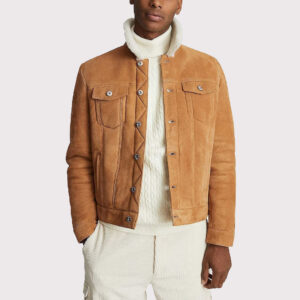Stylish Suede Trucker Leather Jacket with Faux Shearling Collar