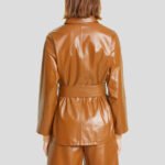 Tan Brown Belted Leather Shirt Jacket for Women - Image 2