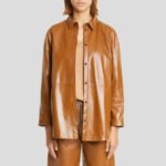 Tan Brown Belted Leather Shirt Jacket for Women - Image 3