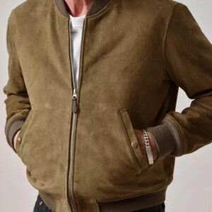 Men?s Genuine Tan Suede Leather Bomber Biker Jacket - Slim Fit