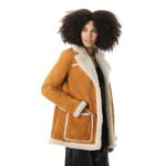 Women's Tan Suede Shearling Coat with White Fur - Image 3