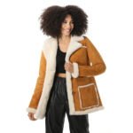Women's Tan Suede Shearling Coat with White Fur - Image 4