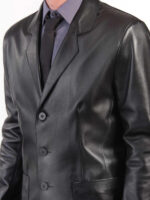 Three-Button Blazer Style Black Leather Coat for Men - Image 3