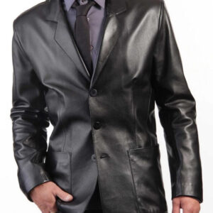 Three-Button Blazer Style Black Leather Coat for Men
