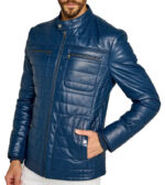Trendy Men's Blue Leather Jacket with Striped Stitching - Image 3