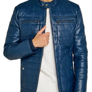 Trendy Men's Blue Leather Jacket with Striped Stitching