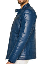 Trendy Men's Blue Leather Jacket with Striped Stitching - Image 4