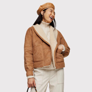 Trendy Nutty Brown Faux Shearling Leather Jacket