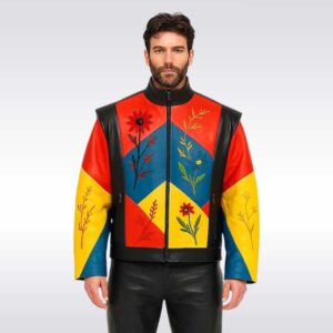 Unisex Geometric Color Block Leather Jacket