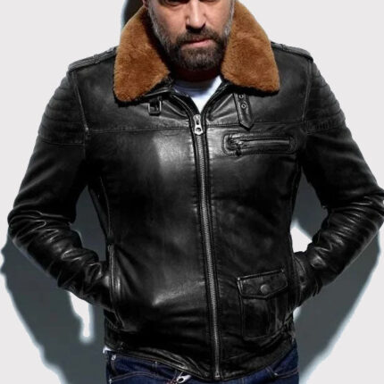 Versatile Aviator-style Black Leather Jacket with Removable Collar
