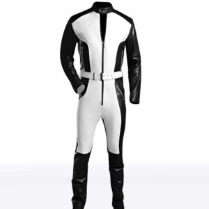 White & Black Front Zipper Leather Overall Bodysuit Jumpsuit