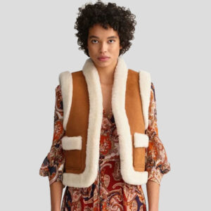 Women B3 Brown Suede Leather With White Shearling Fur Aviator RAF WW2 Vintage Vest