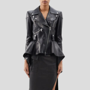 Women Black Peplum Leather Biker Jacket