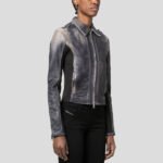 Women's Black Perforated Leather Biker Jacket - Image 2