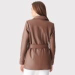 Women Brown Belted Real Leather Coat - Image 3