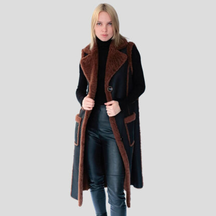 Women Brown and Black Curly Merino Long Vest