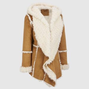 Women's Brown Fur Suede Overcoat with Hood Shearling Sheepskin Jacket
