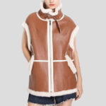 Women Camel & White Stripe B3 Bomber Leather Flying Lady Pilot Shearling Fur Vest