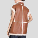 Women Camel & White Stripe B3 Bomber Leather Flying Lady Pilot Shearling Fur Vest - Image 2