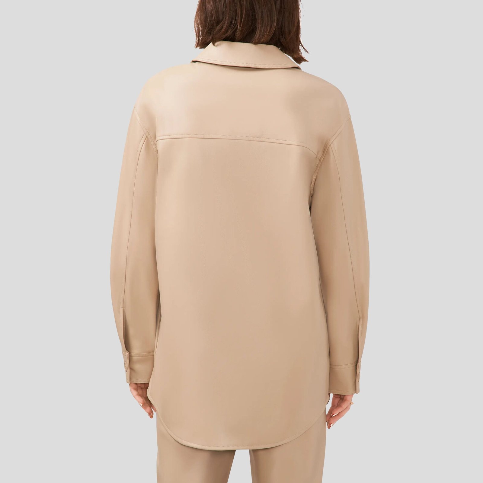women-faux-leather-shirt-jacket-oxford-tan-2 Women Faux Leather Shirt Jacket in Oxford Tan - Image 1