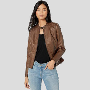 Women's Leather Jacket with Moto Details and Front Zip Pockets