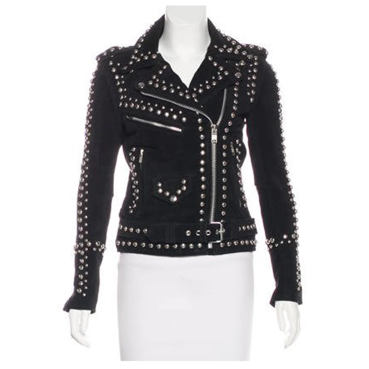 women-studded-suede-leather-jacket Women’s Studded Black Suede Leather Moto Jacket - Image 1