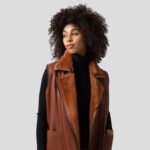 Women Tan Brown B3 Bomber Flying Pilot Aviator Sheepskin Shearling Fur Long Vest - Image 2