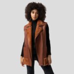 Women Tan Brown B3 Bomber Flying Pilot Aviator Sheepskin Shearling Fur Long Vest - Image 3