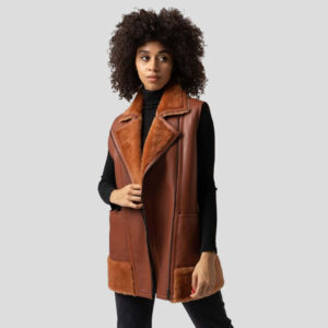 Women Tan Brown B3 Bomber Flying Pilot Aviator Sheepskin Shearling Fur Long Vest