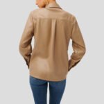 Women Utility Faux Leather Button-Up Shirt in Warm Caramel - Image 2
