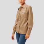 Women Utility Faux Leather Button-Up Shirt in Warm Caramel - Image 3