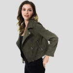 Women's Army Green Suede Motorcycle Jacket - Image 3