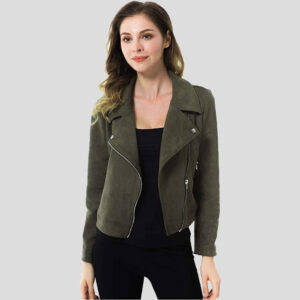 Women's Army Green Suede Motorcycle Jacket