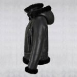 Womens B3 Bomber Hooded Classic Black Shearling Jacket - Image 2