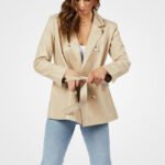 Women’s Beige Double-Breasted Leather Coat - Image 2