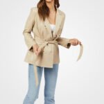 Women’s Beige Double-Breasted Leather Coat - Image 3