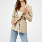Women’s Beige Double-Breasted Leather Coat - Image 5
