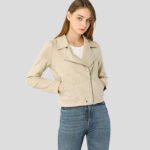 Women's Beige Zip Up Suede Leather Biker Moto Jacket - Image 3